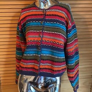 Vintage 80’s Grandma Crazy Pattern Knitted Colorful Cardigan Chunky Sweater